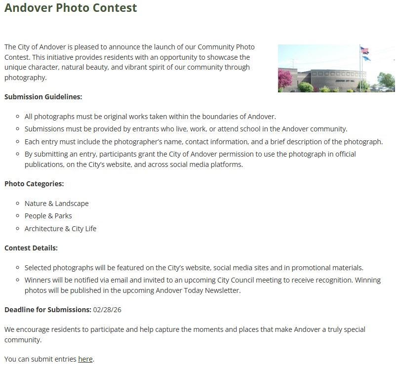 Photo of the coming webpage for the Andover Photo Contest