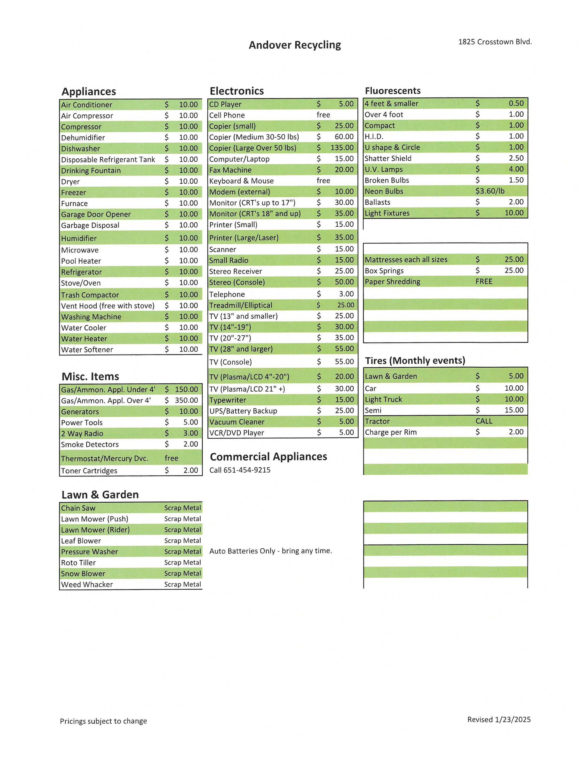 Recycling Day Price List 2026
